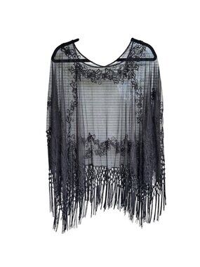 Sheer Black Embroidered Fringe Poncho Top Womens OS Festival Boho Chic Style